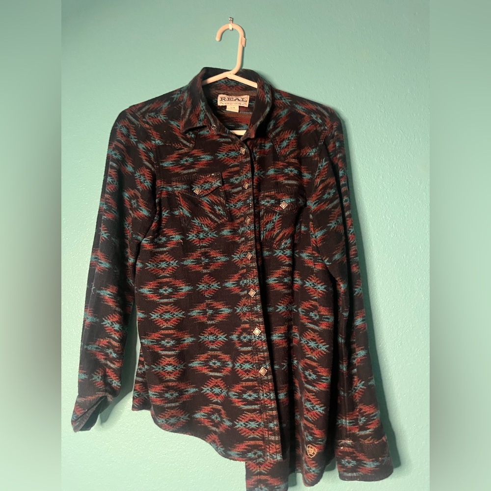 Realtree Black Button-Up Shirt with Teal & Rust Aztec Print